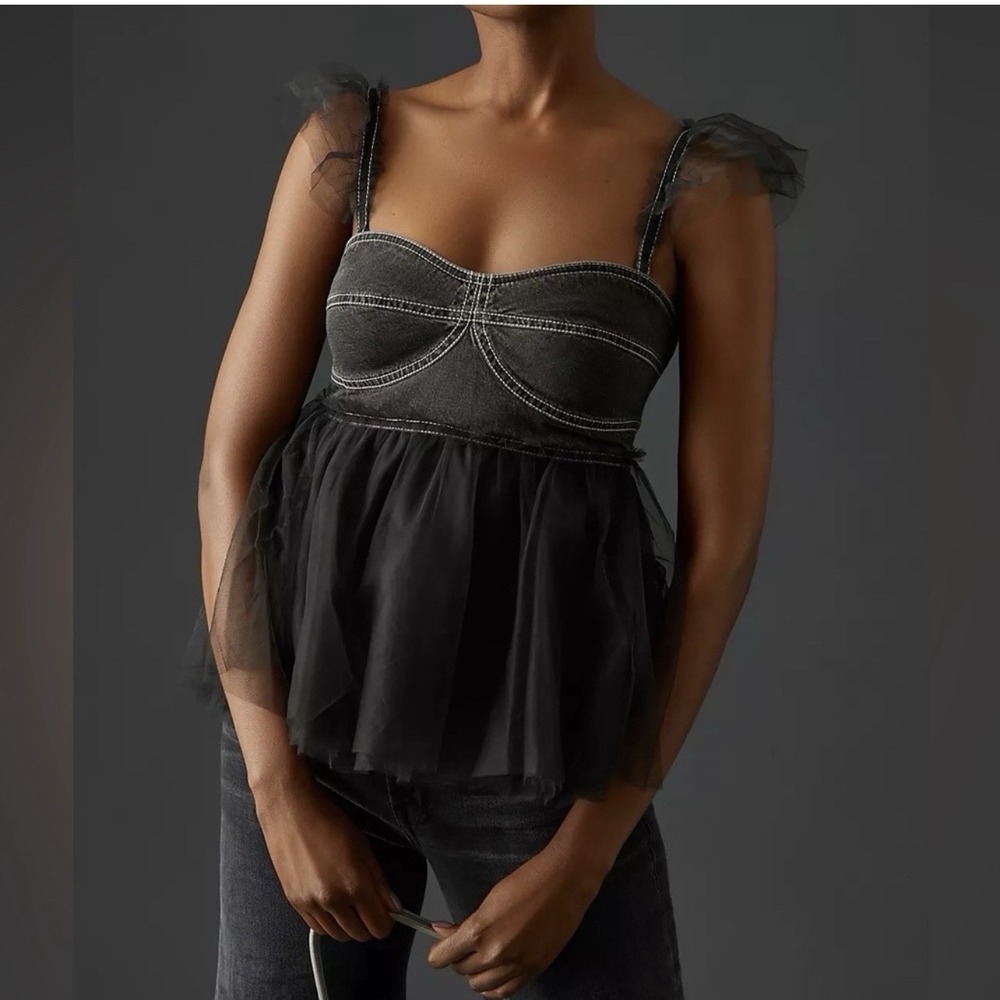 Pilcro Anthropologie Black Denim Tulle Corset Peplum Top Small Contrast Stitch
